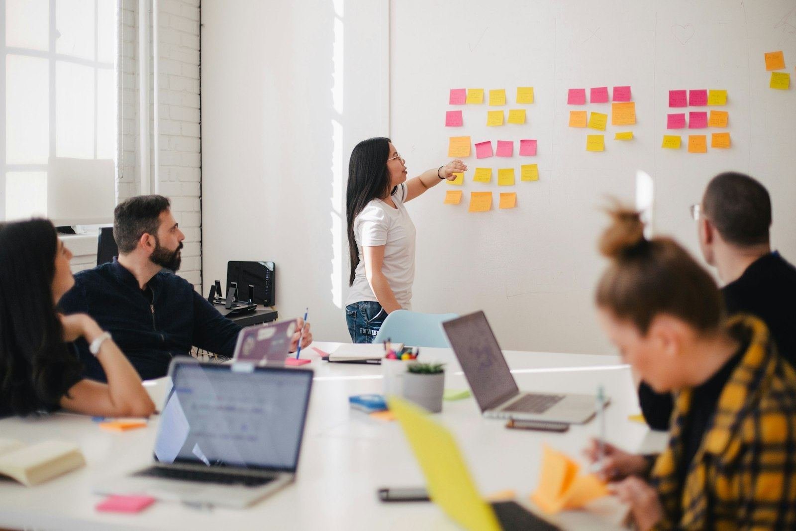 A team mapping a system on a wall during a discovery session